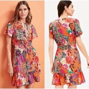 New Loft Sz Lg Patchwork Bloom Smocked Tie Waist Mini Dress